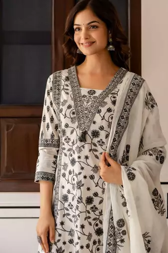 Women Floral Printed Sequinned Pure Cotton Kurta with Palazzos & Dupatta Kurta Sets