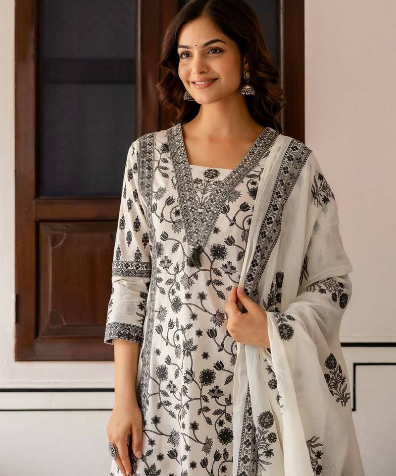 Women Floral Printed Sequinned Pure Cotton Kurta with Palazzos & Dupatta Kurta Sets