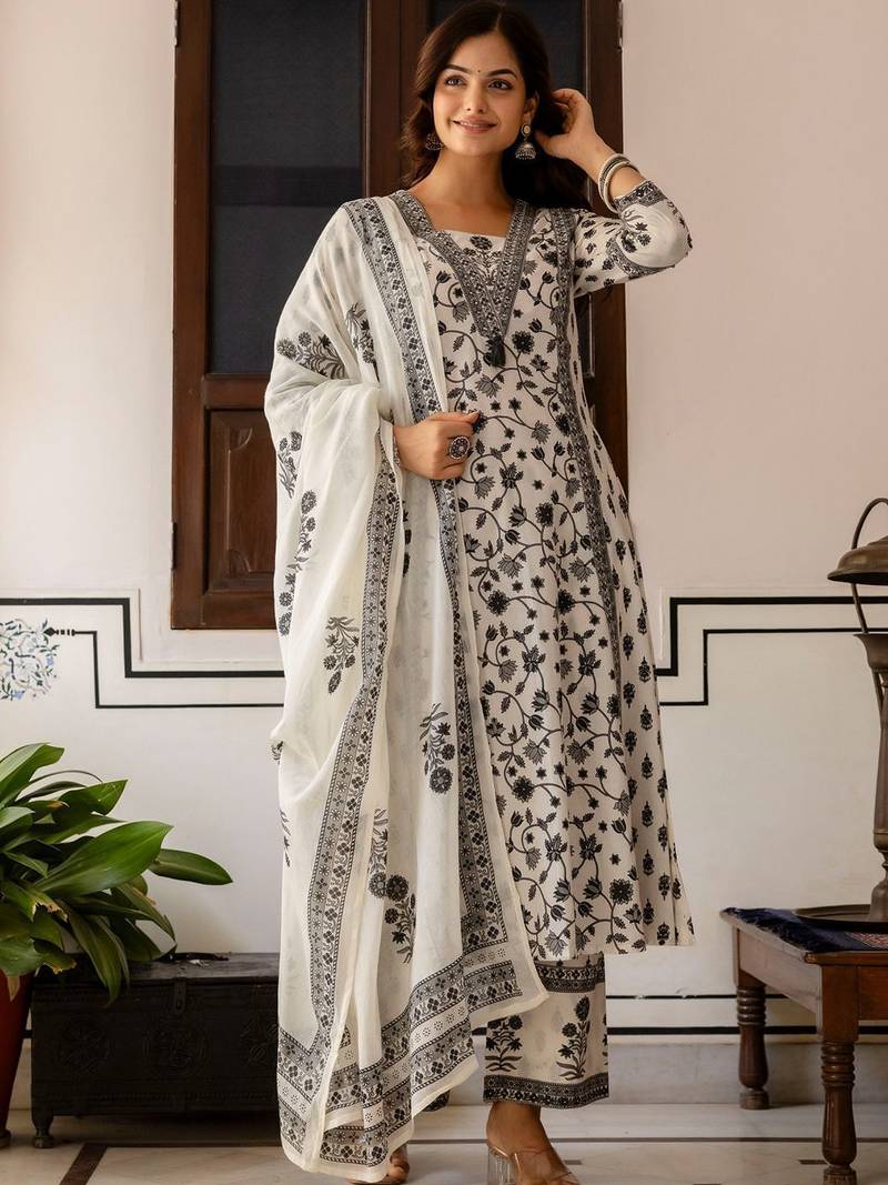 Women Floral Printed Sequinned Pure Cotton Kurta with Palazzos & Dupatta Kurta Sets
