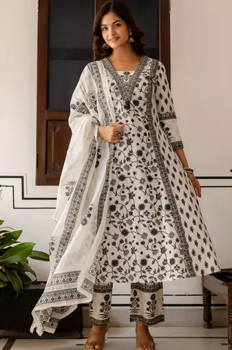 Women Floral Printed Sequinned Pure Cotton Kurta with Palazzos & Dupatta Kurta Sets