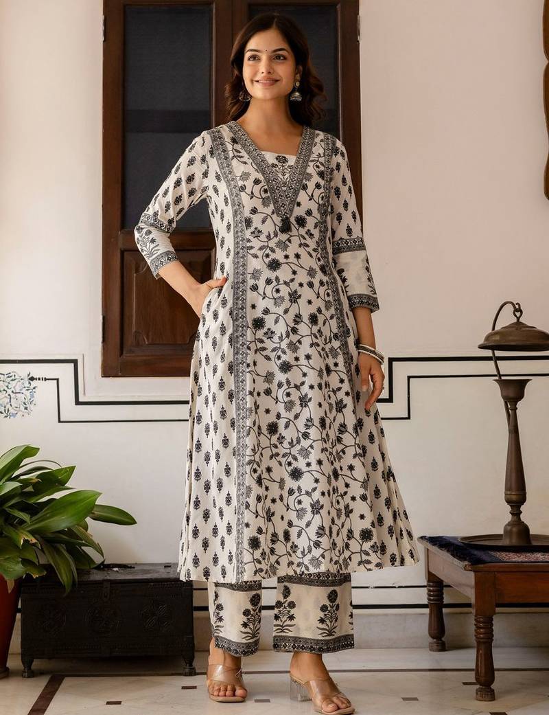 Women Floral Printed Sequinned Pure Cotton Kurta with Palazzos & Dupatta Kurta Sets