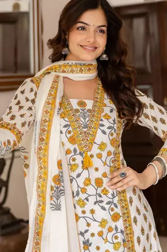 Floral Printed Bagru Pure Cotton Kurta with Palazzos & Dupatta