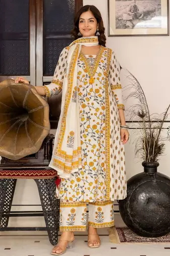 Floral Printed Bagru Pure Cotton Kurta with Palazzos & Dupatta
