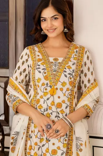 Floral Printed Bagru Pure Cotton Kurta with Palazzos & Dupatta