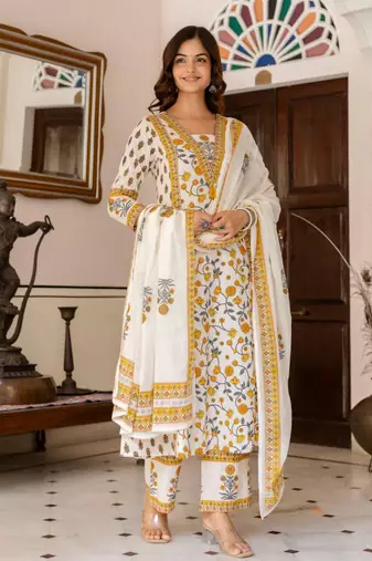 Floral Printed Bagru Pure Cotton Kurta with Palazzos & Dupatta