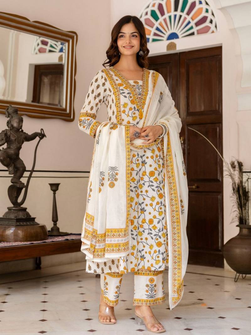 Floral Printed Bagru Pure Cotton Kurta with Palazzos & Dupatta