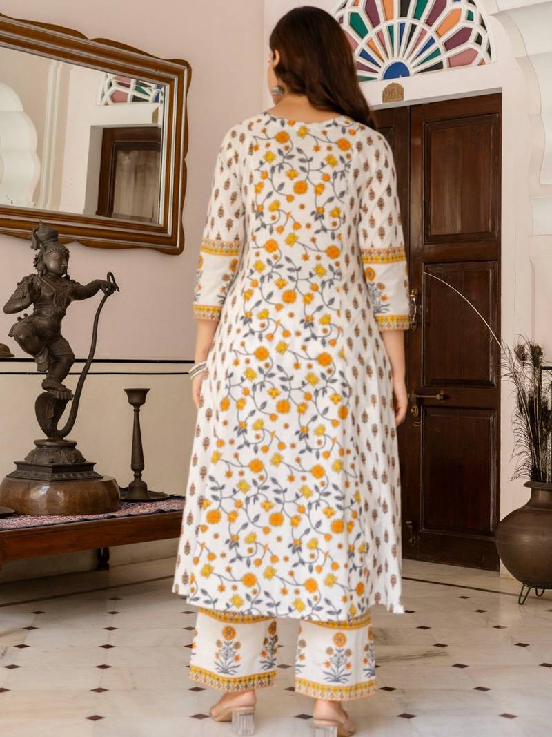 Floral Printed Bagru Pure Cotton Kurta with Palazzos & Dupatta