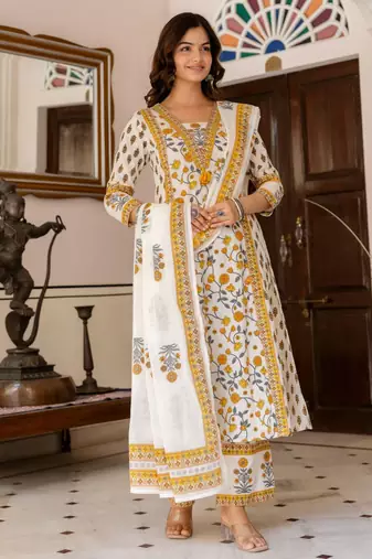 Floral Printed Bagru Pure Cotton Kurta with Palazzos & Dupatta