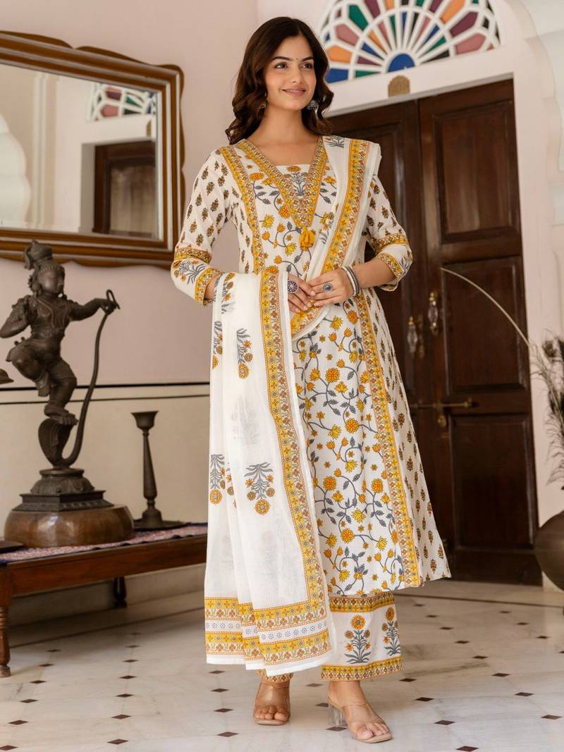 Floral Printed Bagru Pure Cotton Kurta with Palazzos & Dupatta
