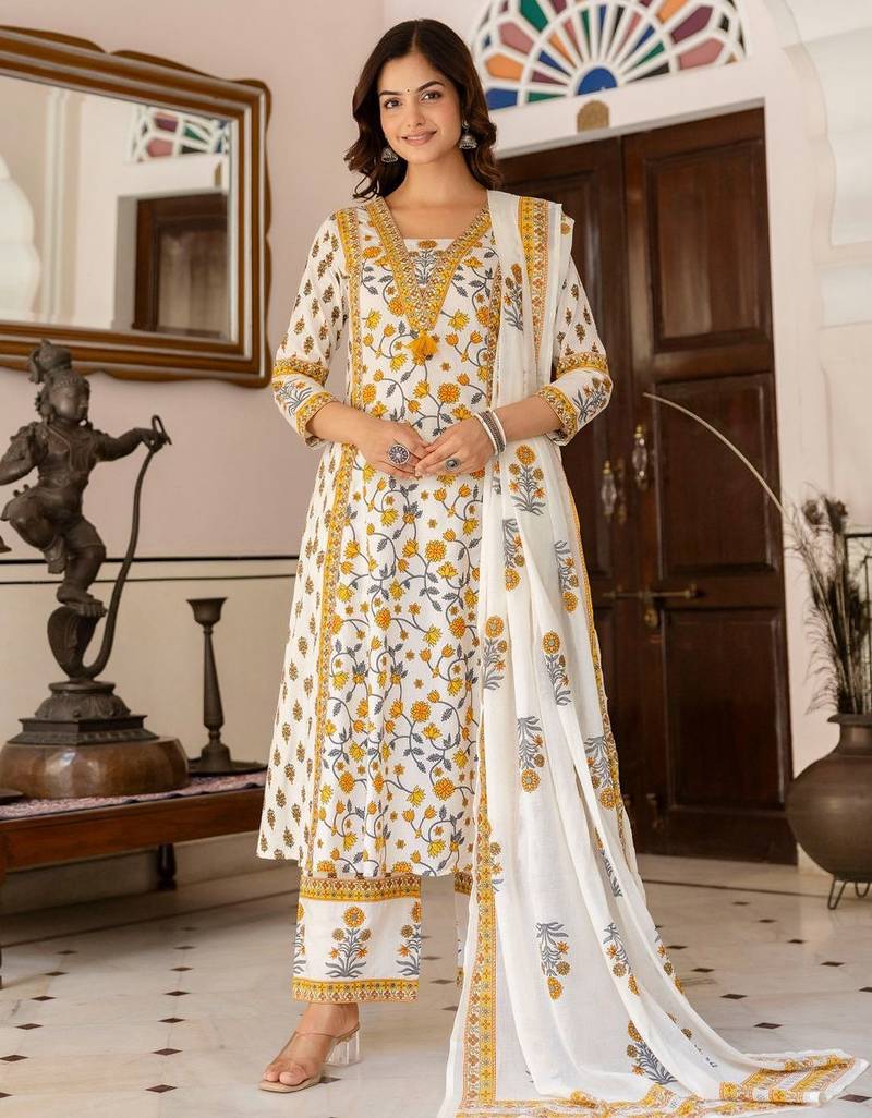 Floral Printed Bagru Pure Cotton Kurta with Palazzos & Dupatta