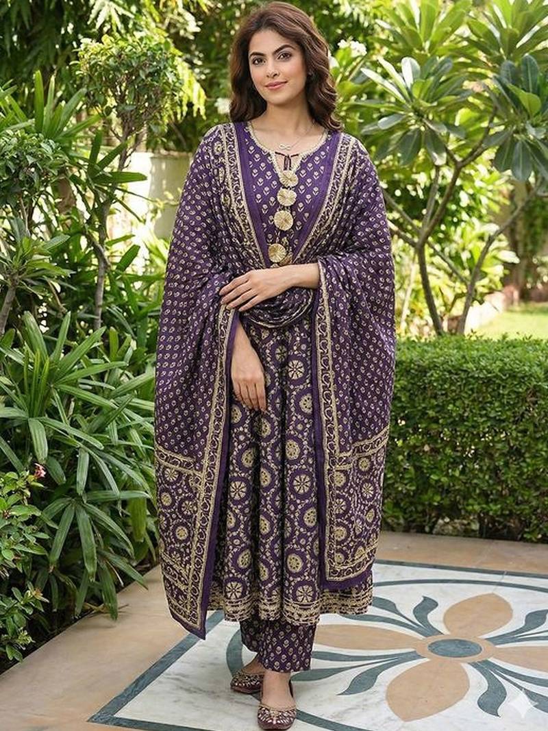 Women Ethnic Motifs Printed Panelled Pure Cotton Kurta with Trousers & With Dupatta
