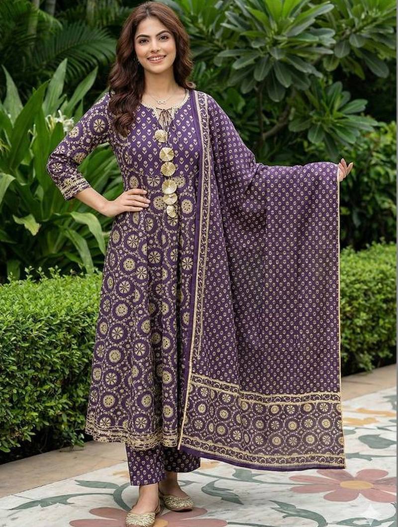 Women Ethnic Motifs Printed Panelled Pure Cotton Kurta with Trousers & With Dupatta