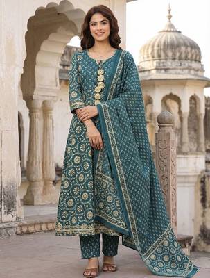 Floral Printed Regular Gotta Patti Pure Cotton Kurta with Trousers & With Dupatta 1