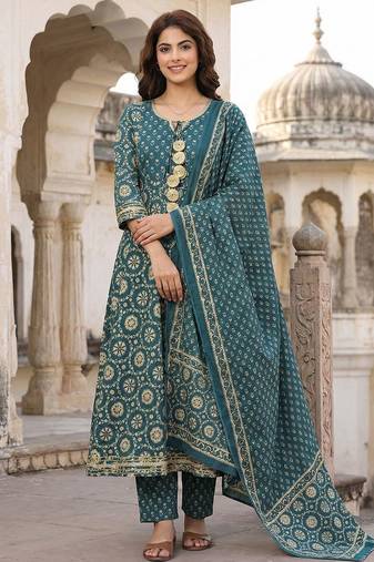 Floral Printed Regular Gotta Patti Pure Cotton Kurta with Trousers & With Dupatta