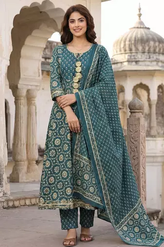 Floral Printed Regular Gotta Patti Pure Cotton Kurta with Trousers & With Dupatta