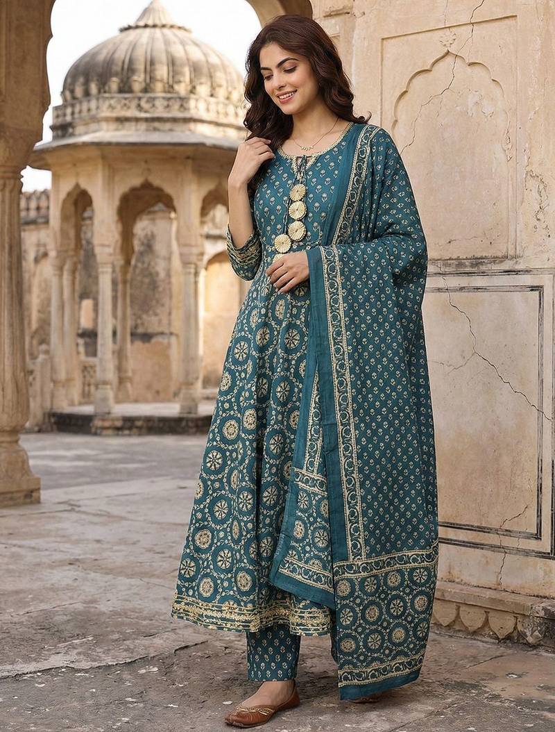 Floral Printed Regular Gotta Patti Pure Cotton Kurta with Trousers & With Dupatta
