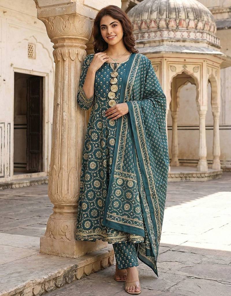 Floral Printed Regular Gotta Patti Pure Cotton Kurta with Trousers & With Dupatta