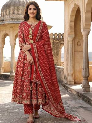 Women Ethnic Motifs Printed Panelled Gotta Patti Pure Cotton Kurta with Trousers & With Dupatta 1