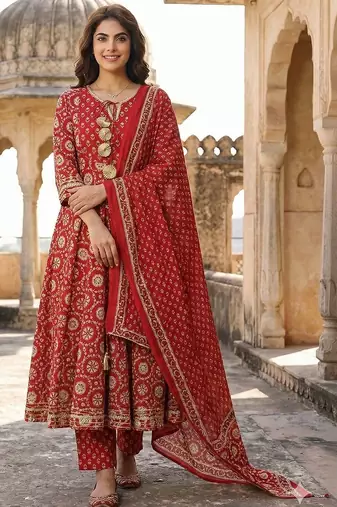 Women Ethnic Motifs Printed Panelled Gotta Patti Pure Cotton Kurta with Trousers & With Dupatta