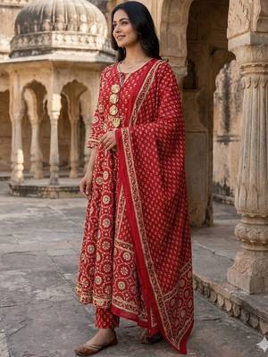 Women Ethnic Motifs Printed Panelled Gotta Patti Pure Cotton Kurta with Trousers & With Dupatta 2