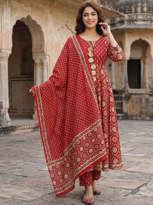 Women Ethnic Motifs Printed Panelled Gotta Patti Pure Cotton Kurta with Trousers & With Dupatta 4