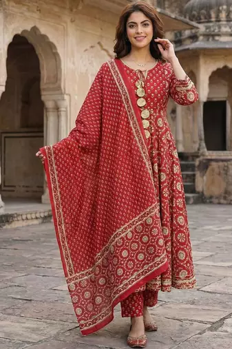 Women Ethnic Motifs Printed Panelled Gotta Patti Pure Cotton Kurta with Trousers & With Dupatta