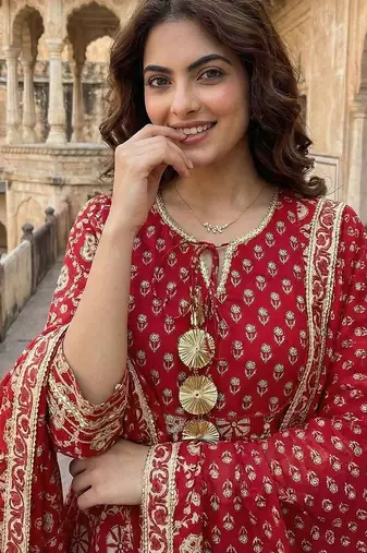Women Ethnic Motifs Printed Panelled Gotta Patti Pure Cotton Kurta with Trousers & With Dupatta