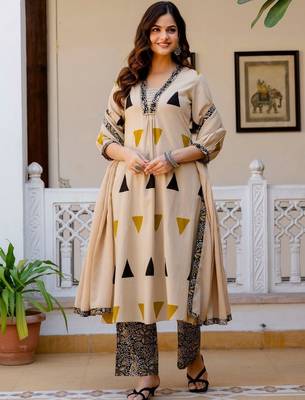Women Printed Regular Thread Work Pure Cotton Kurta with Trousers & With Dupatta 7
