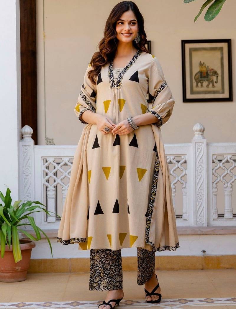 Women Printed Regular Thread Work Pure Cotton Kurta with Trousers & With Dupatta