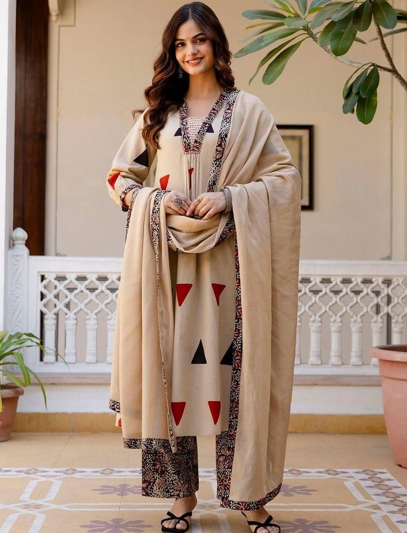 Women Printed Regular Pure Cotton Kurta with Palazzos & With Dupatta
