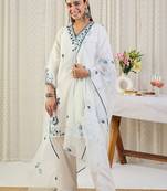 Ethnic Motifs Embroidered Thread Work Pure Cotton Kurta With Trousers & Dupatta
