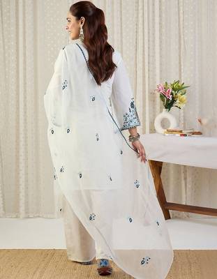 Ethnic Motifs Embroidered Thread Work Pure Cotton Kurta With Trousers & Dupatta 3