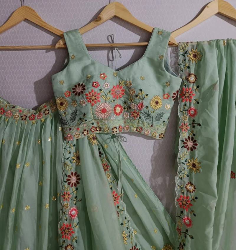 PISTA EMBROIDERED ORGANZA FASHION LEHENGA CHOLI WITH DUPATTA