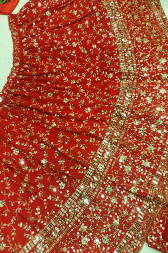RED EMBROIDERED GEORGETTE FLAIRED LEHENGA CHOLI WITH DUPATTA