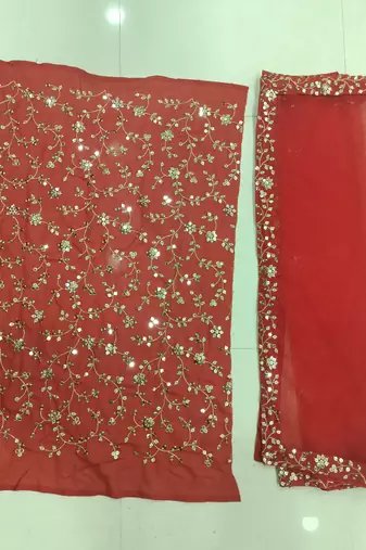 RED EMBROIDERED GEORGETTE FLAIRED LEHENGA CHOLI WITH DUPATTA