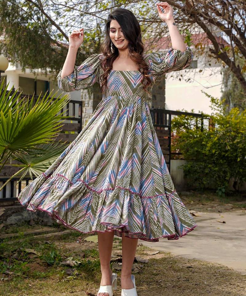 Multicolor floral printed rayon ethnic dress for women