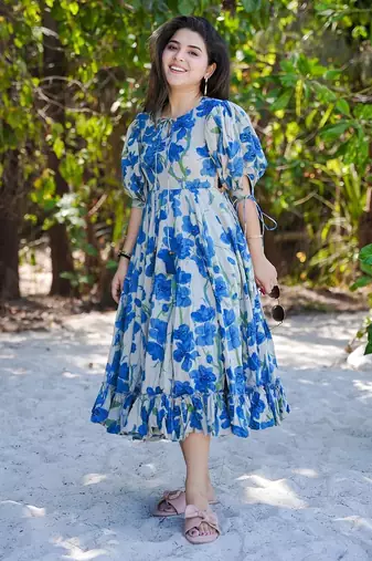 Blue floral printed rayon ethnic dress for women
