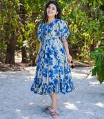 Blue floral printed rayon ethnic dress for women