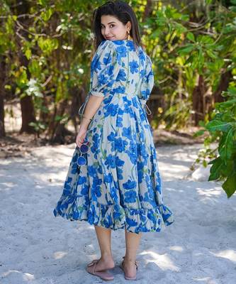 Blue floral printed rayon ethnic dress for women 2