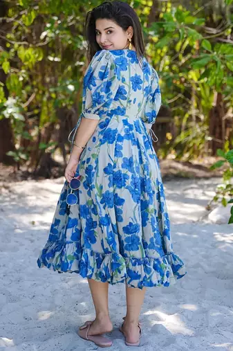 Blue floral printed rayon ethnic dress for women