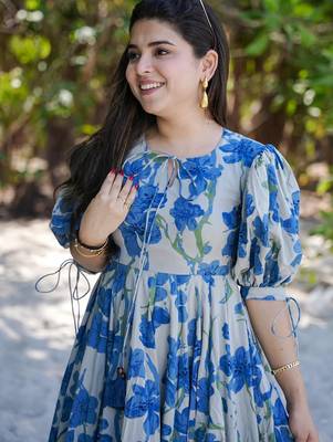 Blue floral printed rayon ethnic dress for women 3