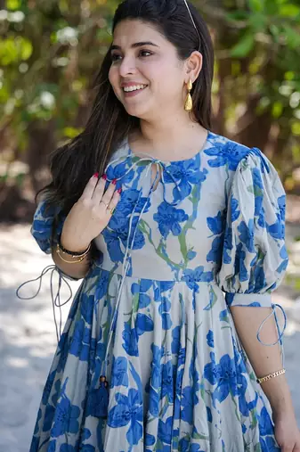 Blue floral printed rayon ethnic dress for women