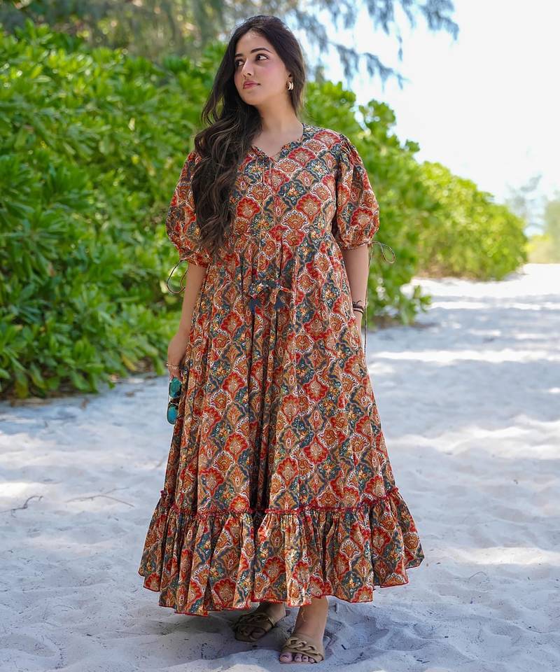 Multicolor floral printed rayon ethnic dress for women