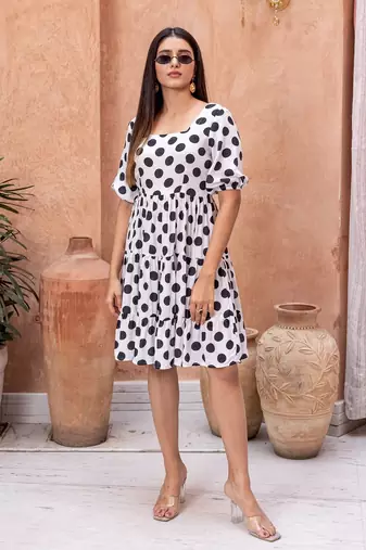 White floral printed rayon ethnic dress for women