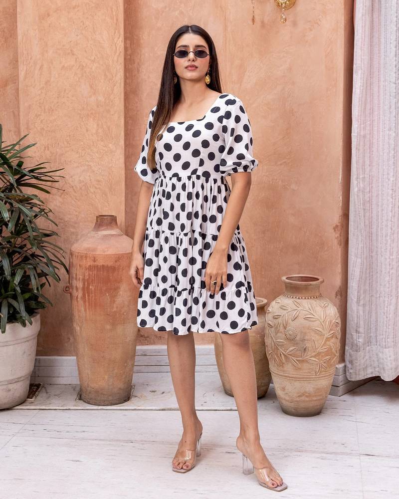 White floral printed rayon ethnic dress for women