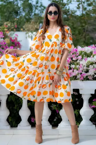 Off-white floral printed rayon ethnic dress for women