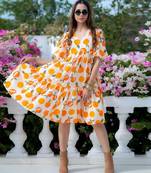 Off-white floral printed rayon ethnic dress for women