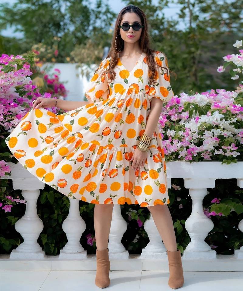 Off-white floral printed rayon ethnic dress for women