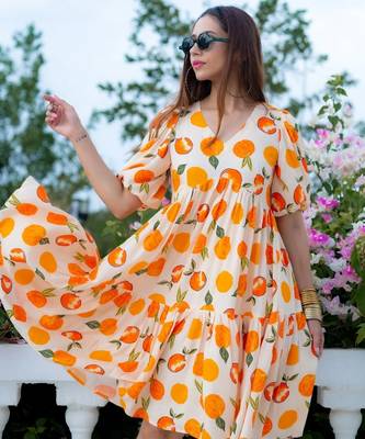 Off-white floral printed rayon ethnic dress for women 2