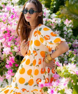Off-white floral printed rayon ethnic dress for women 4
